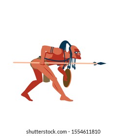 Hunter native people of African tribes, Australian and American aboriginal set, tribe member in traditional clothing with a spear and shield in his hands. Vector Illustrations on a white background