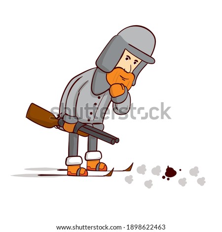 A hunter on skis in the winter forest looks at the footprints of animals. Hand drawn cartoon vector.