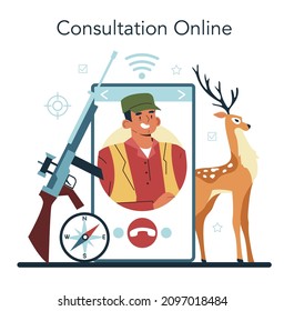 Hunter servicio en línea o plataforma. Hombre con un arma cazando en un bosque con un perro. Esparcimiento al aire libre y pasatiempo. Consulta en línea. Ilustración vectorial plana