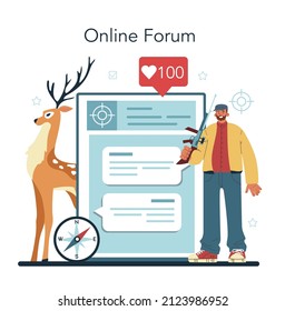 Hunter online service or platform. Man with a weapon hunting in a woods with a dog. Outdoor recreation and hobby. Online forum. Flat vector illustration