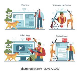 Hunter online service or platform set. Man with a weapon hunting in a woods with a dog. Online forum, consultation, video blog, website. Outdoor recreation and hobby. Flat vector illustration