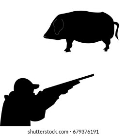 hunter and pig icon - vector illustration