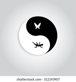 Hunter and prey yinyang logo. showing gecko and butterfly in yinyang symbol represent to nature life cycle