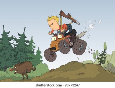 Hunter With A Quad Bike Chasing Wild Boar