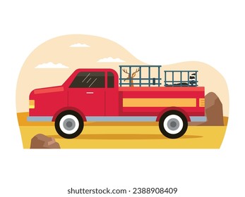 A hunter red car in the forest with his hunted animals locked in a cage. Character design. Vector flat illustration