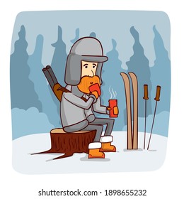 The Hunter Is Resting, Drinking Tea In The Winter Forest. Hand Drawn Cartoon Vector.