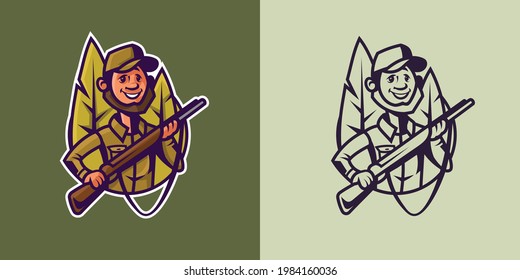 Hunter with rifle in different styles. Concept art of hunting.
