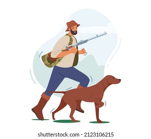 Hunter with Rifle and Dog Ron, Man Hunting Hobby, Sport or Outdoor Activity, Male Character Wear Camouflage Vest and Hat Carry Weapon Hunt with Pet. Cartoon People Vector Illustration