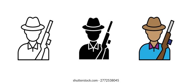 Hunter with rifle and hat icon vector set. Forest ranger or gamekeeper character, outdoor shooting sport, and wildlife management symbol.