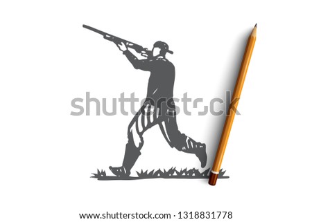 Hunter, rifle, shooting, weapon, man concept. Hand drawn hunter shoots a gun concept sketch. Isolated vector illustration.