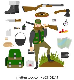 Hunter with set of amunition isolated. Gun, knife, axe, first aid kit, map, patrontage, bandolier, flask, pot, compass, bullets, rope. Flat vector illustration.