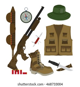 Hunter set in flat style. Camouflage hat, shotgun with shells, bandolier, knife, compass, army boots and hunter vest. Vector illustration.