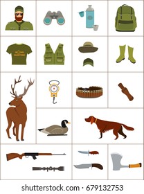 Hunter and set of hunting equipment, vector flat illustration, clothes and shotgun, duck decoy, knife and gun, dog and deer.