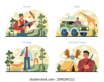 Jäger-Set. Mann mit einer Waffe in einem Wald mit einem Hund jagen. Jagdsport und Safari. Freizeit und Hobby. Flache Vektorgrafik