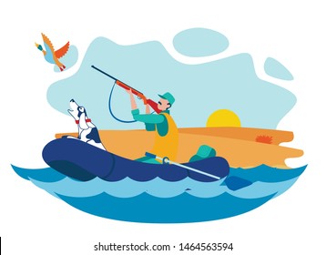 Hunter Shooting Water Bird Vector Illustration. Duck Hunting Season, Extreme Hobby. Man With Dog Sailing In Inflatable Boat In Ocean Flat Characters. Meadow And Bright Sun On Horizon