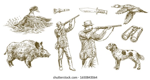 Hunter Shoots A Gun, Duck Hunting With Dog. Hand Drawn Vector Illustration.