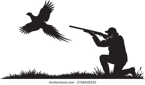 Hunter silhouette aiming rifle at pheasant bird in flight, hunting scene, black and white
