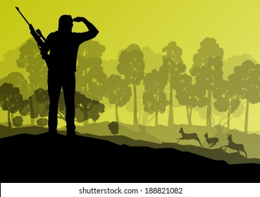 Hunter silhouette background landscape vector concept with forest and deer in it