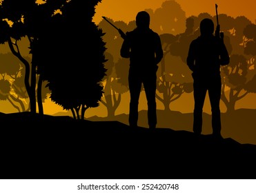 Hunter silhouette background landscape vector concept with forest