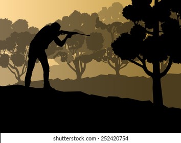 Hunter silhouette background landscape vector concept with forest