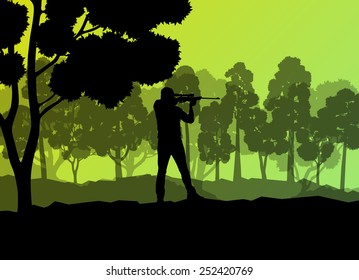 Hunter silhouette background landscape vector concept with forest