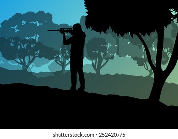 Hunter silhouette background landscape vector concept with forest