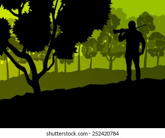 Hunter silhouette background landscape vector concept with forest
