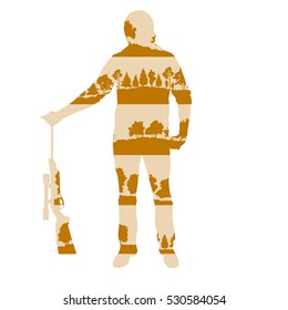 Hunter silhouette with rifle vector background concept made of forest trees fragments isolated on white