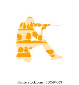 Hunter silhouette with rifle vector background concept made of forest trees fragments isolated on white