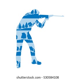 Hunter silhouette with rifle vector background concept made of forest trees fragments isolated on white