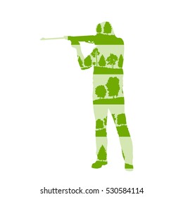 Hunter silhouette with rifle vector background concept made of forest trees fragments isolated on white