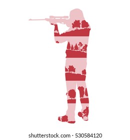 Hunter silhouette with rifle vector background concept made of forest trees fragments isolated on white