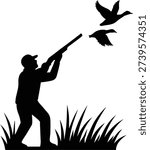 Hunter Silhouette Shooting Flying Ducks Vector Illustration