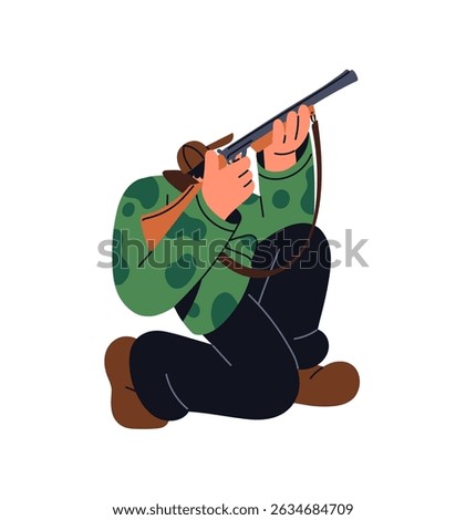 Hunter sits, aiming with rifle while chase. Shooter in camouflage hunting in forest. Person is firing into prey with shotgun. Huntsman with gun. Flat isolated vector illustration on white background