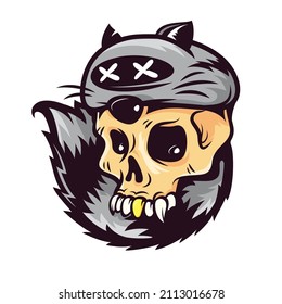 Hunter Skull with a gold tooth in a hat with a raccoon fur tail. Sports team game mascot 