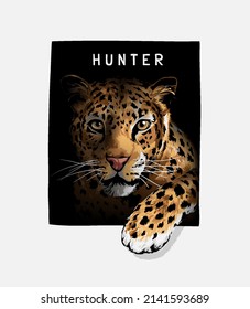hunter slogan with leopard hanging paw in black square frame vector illustration