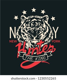 hunter slogan with tiger head graphic illustrtaion