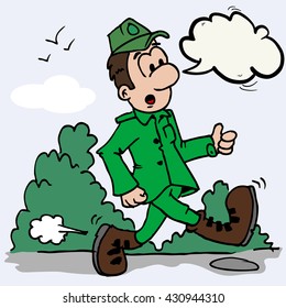 hunter with speech bubble walking down the road cartoon
