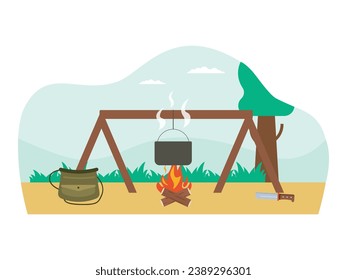Hunter is surviving in the forest with a campfire, cooking in a pot, adventuring alone carrying a bag. Character design. Vector flat illustration