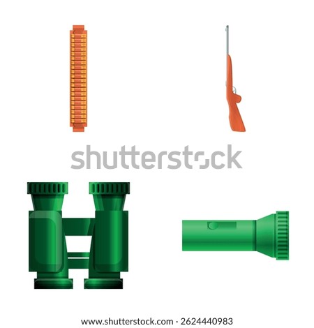 Hunter tool icons set cartoon vector. Huntsman equipment. Occupation, hobby