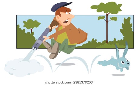 Hunter tries to hunt hare. Funny people. Illustration concept template for website, web landing page, banner, presentation, social, poster, promotion or print media.