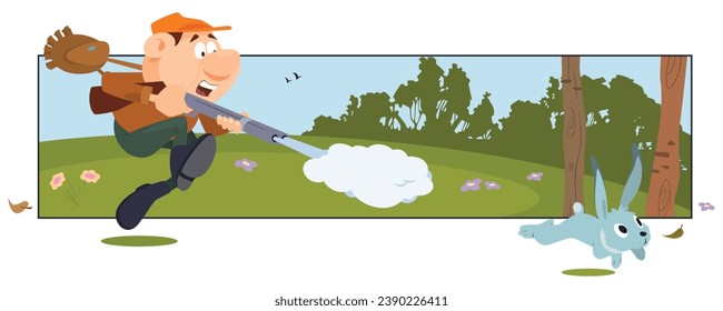 Hunter tries to hunt hare. Funny people. Illustration concept template for website, web landing page, banner, presentation, social, poster, promotion or print media.