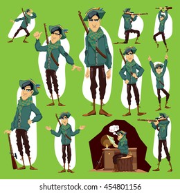 Hunter vector character in cartoon style illustration, in different poses, various emotions, whistles, takes aim, jumps, sits at home and dreams about travel, holds gun. 
