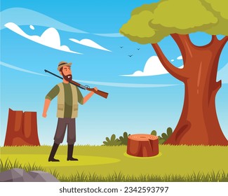 Hunter vector with man cartoon character illustration