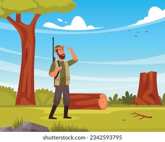 Hunter vector with man observing cartoon character