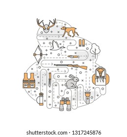 Hunter vector poster banner template. Hunting duck, deer, hare equipment and accessories. Thin line art flat style design icons in the shape of tree for web banners, printed materials.