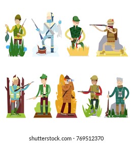 Hunter vector set hunting gun in forest cartoon character in hat hunt with rifle or shotgun illustration isolated on white background