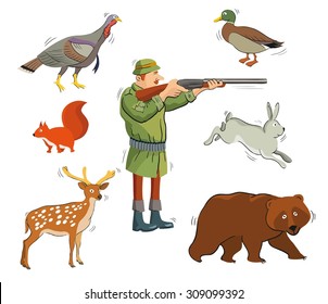 hunter and wild animals. colored icons on a white background