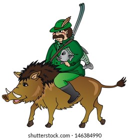 Hunter with wild boar - vector illustration.