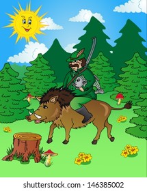 Hunter in wood - vector illustration.